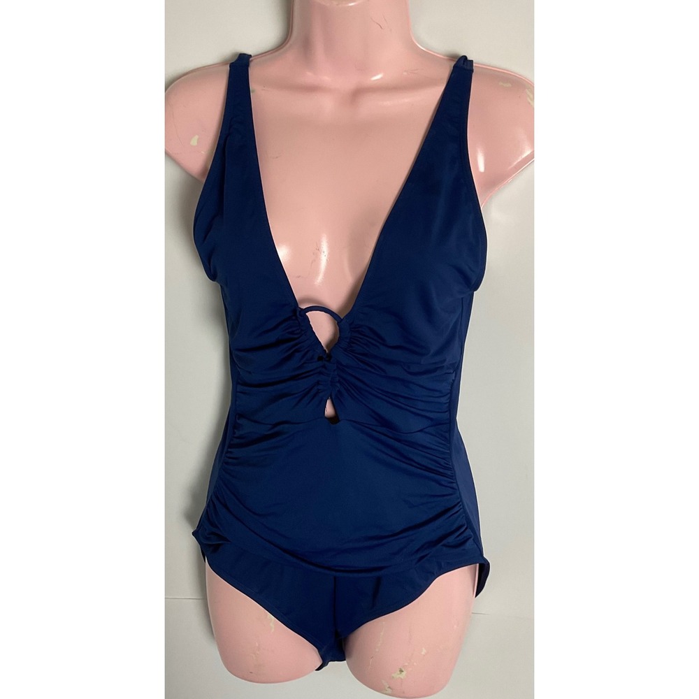 Lauren Ralph Lauren Womens Royal Blue Ruched V-Neck One Piece Swimsuit Size 14